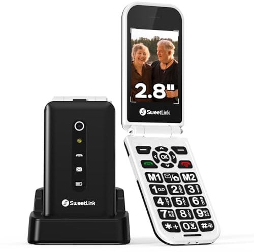 SweetLink F3 Plus 4G - Teléfono Móvil para Personas Mayores con Tapa, Teclas Grandes y Pantalla de 2,8”, Batería 1400mAh, Botón SOS, Contacto con Foto, Base de Carga USB-C, Doble Nano SIM, Negro