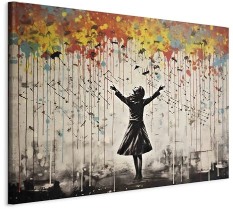 murando - Wandbilder XXL Banksy art 120x80 cm 1 tlg - Wand Deko Leinwand Bilder Groß Wanddeko Wohnzimmer Schlafzimmer Kunstdrucke - Abstrakt regnerisches Lied buntes Graffiti Gelb grau h-H-10031-b-a