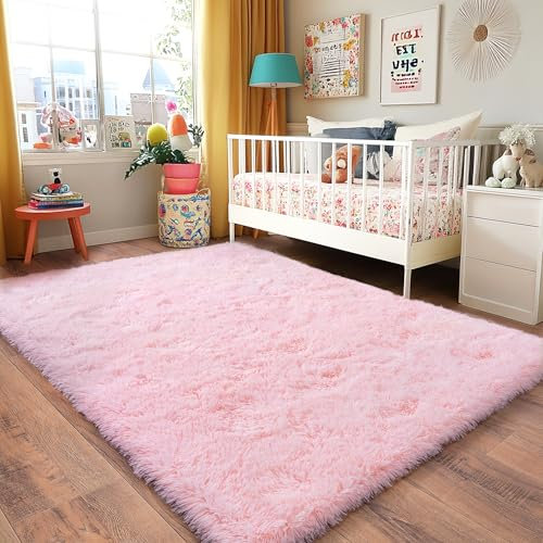 Quntue Pinker Teppich für Mädchenzimmer, 10,2 x 15,2 cm großer Teppich für süßes Mädchenzimmer, Nachttisch, Innenboden, flauschiger Zottelteppich, Plüsch-Teppich für Wohnzimmer, Kinderzimmer,