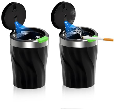 TAIHOBO Aschenbecher Auto, 2 Stück Auto Aschenbecher mit Deckel, Auto Mülleimer mit LED Licht, Aschenbecher für Unterwegs, Tragbarer Edelstahl Automülleimer Großem Fassungsvermögen Abnehmbar