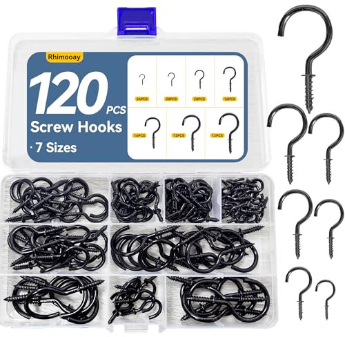 Rhimooay 120 Stk schraubhaken, Schraubhaken set haken mit gewinde, hakenschrauben für deckenhaken, Haken zum Schrauben Metall zum Aufhängen einschraubhaken - Schwarz
