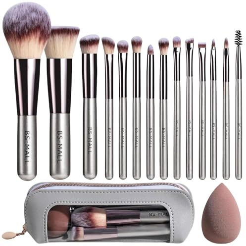 Travel Makeup Brush Set BS-MALL 14 Pcs with 1 Pcs Makeup Sponge – Essential Foundation Powder Concealers, Eye Shadows, Blush Makeup Brushes with Travel Makeup Case (Champagne)