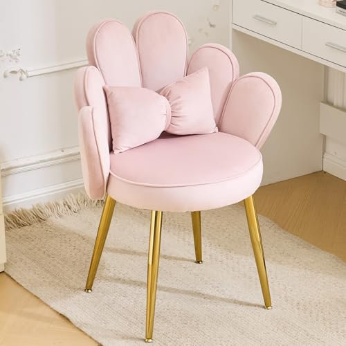 LEADZM Fauteuil avec Dossier pétale Chaise Coiffeuse Relax de Salon, de Chambre, Fauteuil de Cuisine et Salle à Manger avec Pieds en Or (Dossier Petal, Rose)