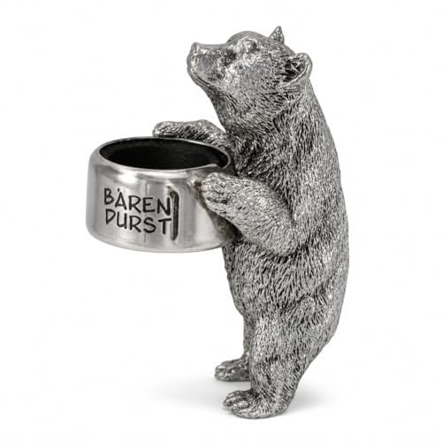 ReWu Flaschenring Bärendurst Silber – dekorativer Flaschenaufsatz mit Bär Figur, Flaschendeko für Wein & Spirituosen, Geschenkidee für Weinliebhaber, Barzubehör, 7,5 x 5,5 x 10,5 cm