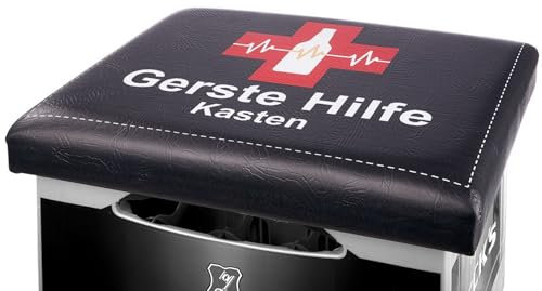 Outdoor Hocker Bierkiste, Sitzaufsatz Modell: GERSTE HILFE, Material Kunstleder, Maße 42 x 30 x 5 cm, Farbe schwarz, ideal für Garten, Terrasse, Bar, Cafe, Cafeteria oder einfach Zuhause.