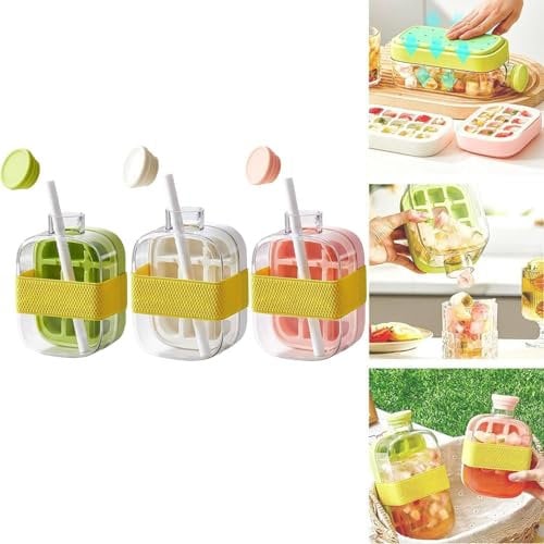 Ice Cube Tray with Lid 2 in 1 Touch-Free Ice Cube Tray Water Bottle 2025 Ice Compartment with Straw, Flexible Silicone Ice Molds Stick Tray Press Tray for Coffee, Juice,Beverages (01-Green (500ml))