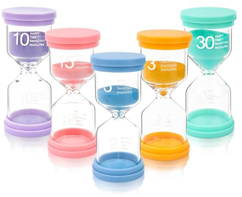 Multi-Color Sand Timer, Visual Time Management Hourglass Set 3/5/10/15/30 Min Sand Clock for Cooking, Games, Classroom & Productivity, Durable Acrylic, Multi-Purpose Design, Pack of 5