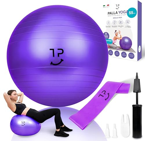 Tre Puri® Yoga Pilatesball – 55 cm Ball mit Yoga-Zubehör italienische Marke – nützlich für Fitness zu Hause und Bauchmuskeln, inklusive Elastikband und E-Book (Tipps für Sie)