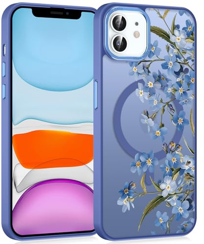 Xylota Cover Magnetica per iPhone 12/iPhone 12 Pro 6,1, Aesthetic Fiori Disegno Ragazze Custodia Compatibile con MagSafe, Traslucida Matte Sottile TPU Hard PC Antiurto Ragazze Protettiva Case, Blu