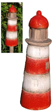 Generisch Zaunhocker Leuchtturm rot weiß Steingut Zaundeko Maritime Gartendeko Höhe 21cm