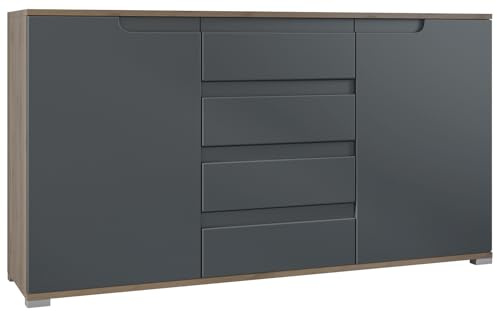 Vladon Sideboard Sylt V1, Kommode mit 2 Türen und 4 Schubladen, Korpus - Eiche Evoke/Front - Anthrazit matt/Absetzung - Anthrazit matt (138,5 x 75,5 x 35 cm)