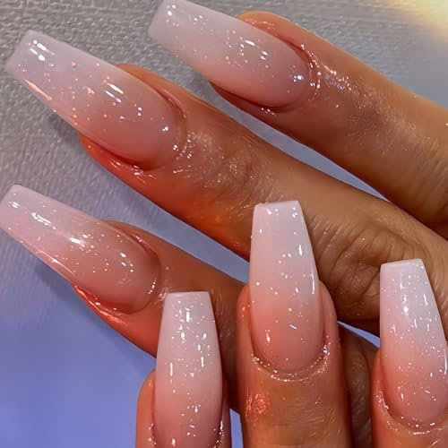 24pcs Ombre Stick on Nails - Glitter False Nails Long - Coffin Press on nails - Fake Nails with Glue - Gradient Nail Tips and Glue for Women - Elegant Long nails Full Cover for Women French Manicure
