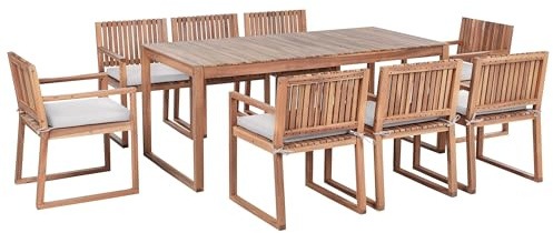 Beliani Rustic 8 Seater Garden Dining Set Certified Acacia Wood Table Chairs with Light Beige Cushions Light Brown Sassari II