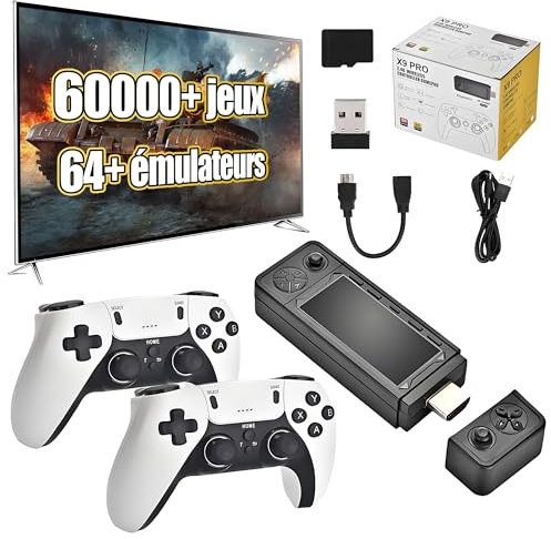 Manette de Jeu Rétro X9 Pro 4K avec 2 Manettes sans Fil Rechargeables 2,4 G, Console De Jeux Préchargée 60000+ Jeux Classiques 64+ Simulateurs, Jeux TV Rétro Plug and Play (256 G)