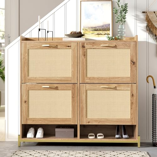 Elegante zapatero de madera con puertas de ratán, 4 puertas, marco de metal y estante superior para un almacenamiento elegante y organizado. (madera)