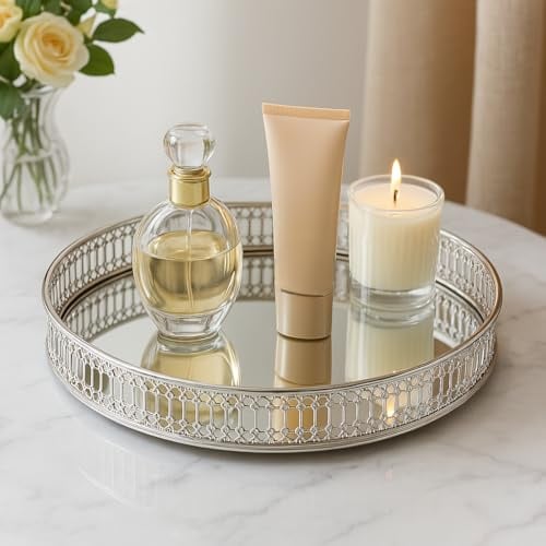 MAISON DE BUCKS Crystal Mirror Vanity Tray - 9.8 Round Silver Decorative Tray for Dresser, Bathroom, Kitchen (Silver)