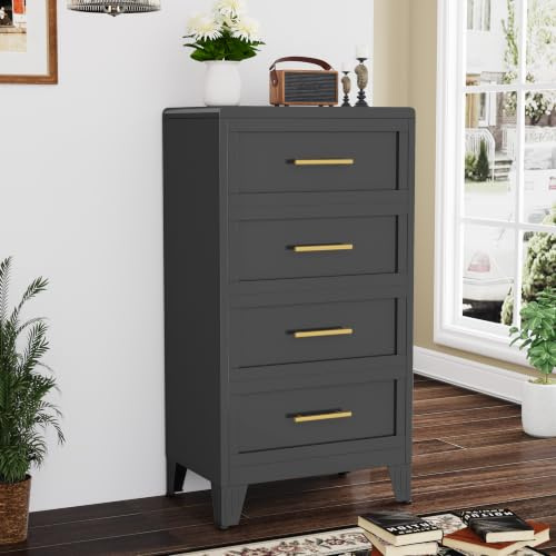 Lusiwry 4 Schublade Metall Datei Schrank, hohe breite Tiefe Kommode Schrank, Aufbewahrungsschrank mit Schublade Organizer Einheit für Kleidung, Schlafzimmer, Wohnzimmer, Flur, Eingang, Schwarz