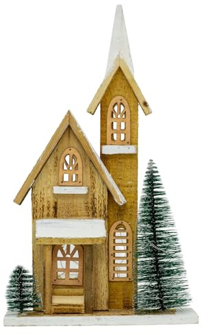 Carousel Home LED Wooden Christmas Church with Bottle Brush Trees | Light-Up Nordic Village Ornament | Rustic Timer-Operated Christmas Decoration - 42cm
