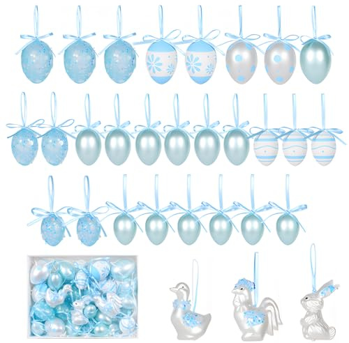 Jonuin 30 Pcs Easter Egg Ornaments, Blue Artificial Egg Bunny Easter Tree Hanging Ornaments, Colorful Easter Hanging Eggs Decorations with Bow Bunny and Floral Designs for Tree Basket Filler Decor