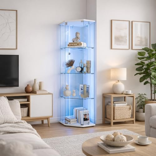 Eckvitrine mit Glastüren, Eckvitrine Glasvitrine mit led Beleuchtung, Modern Glasvitrine Stehend Vitrinenschrank, 4 Schichten, 1 Tür, mit Tür und Schloss, für Wohnzimmer Schlafzimmer Büro, Weiß B