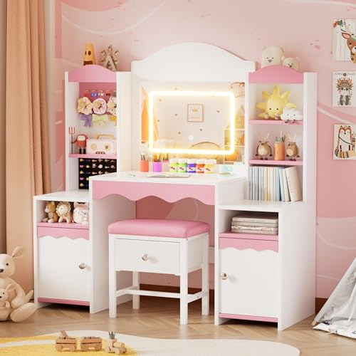 MSFE 2 in 1 Schminktisch Kinder Set,Make Up Table mit Hocker,LED-Spiegel & Stauraum Schrank,Prinzessin Frisiertisch mit Regalen & Schmuckhalter, Schreibtisch Holz,Schminktisch Kinder mädchen ab 5