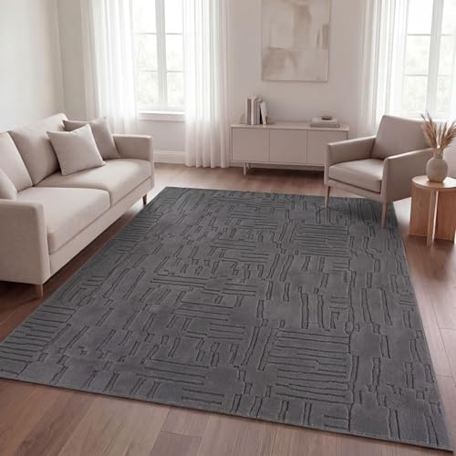 TT Home Wohnzimmer Teppich Schlafzimmer Hochflor Skandinavisches Design Unifarben Geometrisch Boho Style Modern Waschbar, Anthrazit 6, 160x220 cm