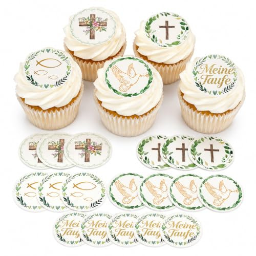 ENLACE Taufe Tortendeko Essbar 50 Stück, Esspapier Kuchendeko Kreuz 4,5 cm | Essbare Cupcake Deko Taufe Junge Mädchen, Runde Essbare Taube Muffins Deko für Kommunion, Konfirmation, Dessertdeko