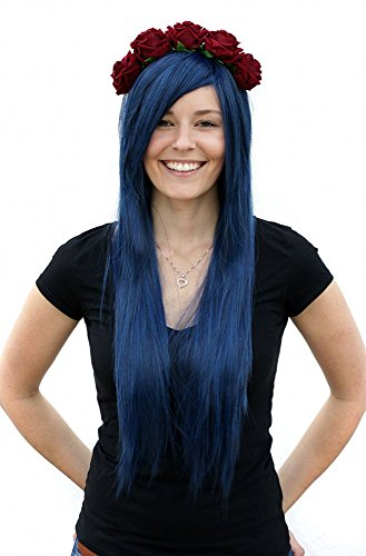 Prettyland 80cm Glatt Theater lange Perücke Dunkel Blau (schwarz Blau Gemischt Gesträhnt) Wig C942
