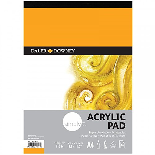 Daler-Rowney Simply Acrylic Paper, Linen Texture, 190 gsm, 115lb, Pad, Glued 1 Side, A4 - approx. 8.3 x 11.7in - 21 x 29.7 cm, White, 16 Sheets