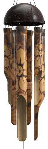 Nalulu Carillon à vent rustique en bambou – Carillon à vent d'extérieur en bois, petit motif floral brûlé avec couronne de noix de coco, fabriqué à la main avec des tons profonds apaisants, décoration