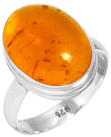 Jeweloporium Oranger Bernstein-Silberring, Größe 56 (17,8), 925er Sterlingsilberring für Damen, klobiger ovaler Stein, Boho-Schmuck