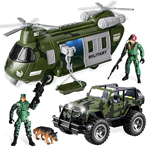 JOYIN Militärfahrzeuge Spielzeug Set aus reibungsbetriebenem Transporthubschrauber und Militär-LKW with Light and Sound Siren and Army Men Soldier Action Figures for Kids