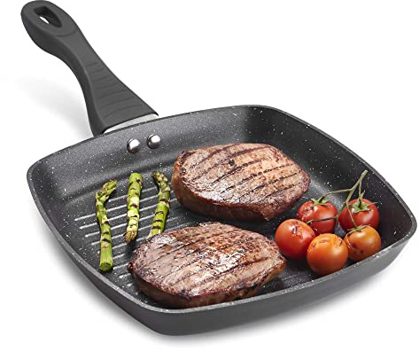Sovereign Stone Griddle Pan with Ergonomic Handle/Non-Stick Steak Grill Pan/Marble Effect, Stay Cool Handle, Safe for All Hobs Including Induction (25cm)