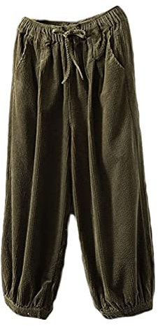 FTCayanz Women's Corduroy Cotton Trousers Drawstring Waist Wide Leg Palazzo Harem Pants Army Green X-Large