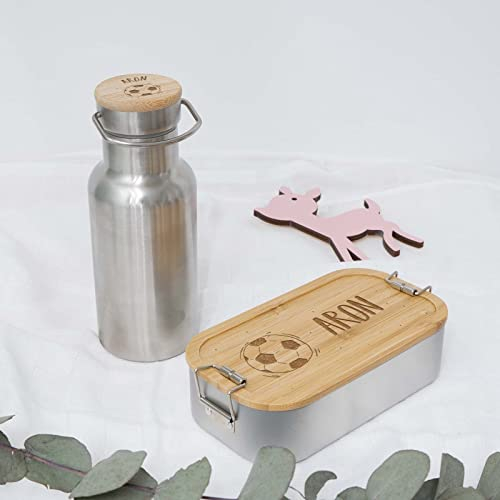hellomini Lunchbox & Trinkflasche Bambus personalisiert | Geschenk zur Einschulung für Kinder | Isolierflasche Edelstahl & Brotdose mit Namen (Fußball)