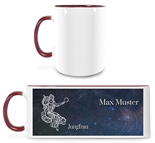Manutextur Tasse mit Namen - personalisiert - Motiv Sternzeichen Jungfrau - viele Farben & Motive - weiß/Marone - Größe - persönliches Geschenk mit Wunsch-Motiv und Wunsch-Name