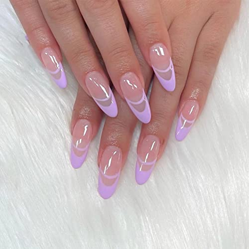 RUNRAYAY Violet Français Faux Ongles, Appuyez Sur les Ongles avec un Motif de Ligne Ondulée, Bâton Long Sur les Ongles, Kit D'Art de Faux Ongles pour Femmes Filles 24 pièces