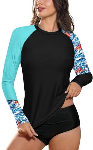 BesserBay Women Summer UPF Uv Swimming Rash Guard Surfing Surf Loose Fit Top Blue Black Tropical Leaves L