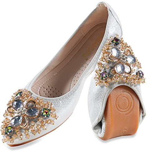 MACHSWON Womens Fold up Pumps Roll up Shoes Foldable Ballet Flats with Sparkly Rhinestone, Portable Ladies Slip On Loafers(Silver-1, Size 4)