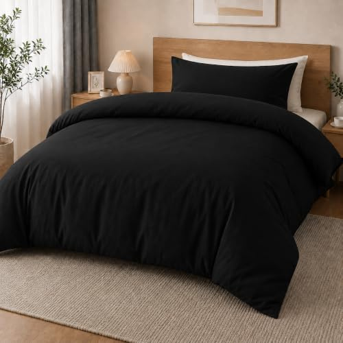 MOONLIGHT20015 Single Duvet Cover Set Brushed Microfibre Black Bedding Sets | Premium Quilt Cover and Pillow Case, Solid Soft and Breathable Bed Set, Machine Washable – Ideal for Homes and Hotels