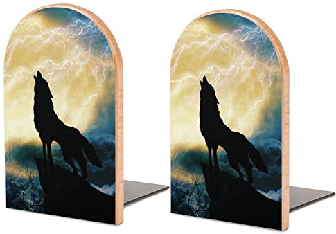 Serre-Livres Serre-Livres pour étagères pour contenir des Livres Loup Hurlant à l'orage Imprimer Petits Bouchons de Livre antidérapants Bureau de Bureau à Domicile décoratif en Bois
