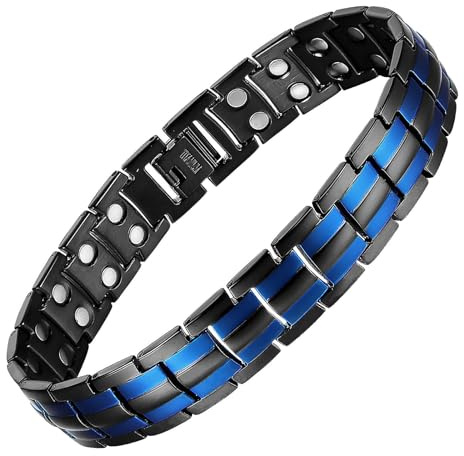 MagEnergy Bracciale magnetico da uomo, in acciaio al titanio, 4 elementi, doppia fila ultra forte, magneti, con maglie regolabili, strumento di rimozione e scatola regalo per gioielli (due linee blu)