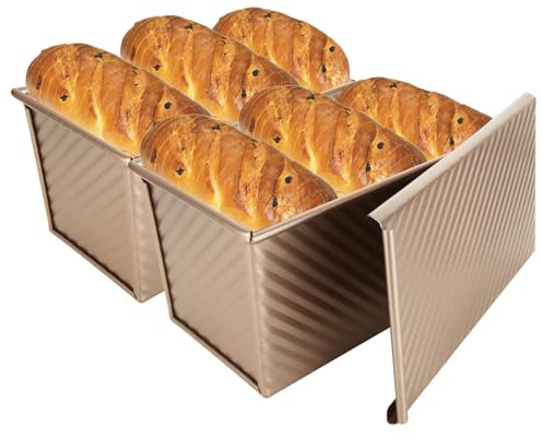 JMIATRY Pullman Lot de 2 moules à pain antiadhésifs en acier au carbone avec couvercle - 450 g - Doré - 20,8 x 11,8 cm