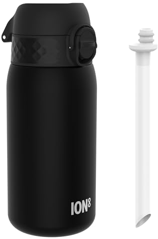 ION8 Kids Water Bottle 350ml/12oz Leak-proof & BPA Free Drinking Bottle with Straw, Triple Lock Lid to Prevent Spills & Integrated Handle,Ideal for Little Hands & Lunch Boxes,Recyclon Black with Straw