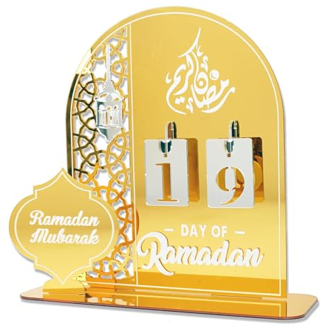 Eid Mubarak Ramadan Adventskalender Acryl Countdown Kalender Tracker Datum Geschenk für Kinder Arabisch Muslim Islamisch Urlaub Tisch Home Dekorationen (Gold)
