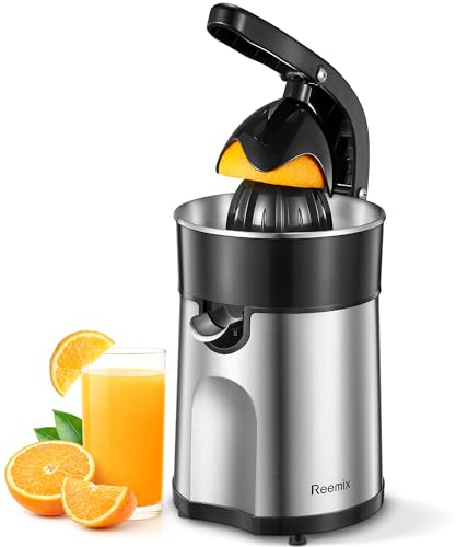 Spremiagrumi Elettrico, Reemix Spremiagrumi per Arance con Due Coni Intercambiabili, Adatto per Arance, Limoni e Pompelmi, Acciaio Inossidabile Spazzolato, Facile da Pulire e Utilizzare