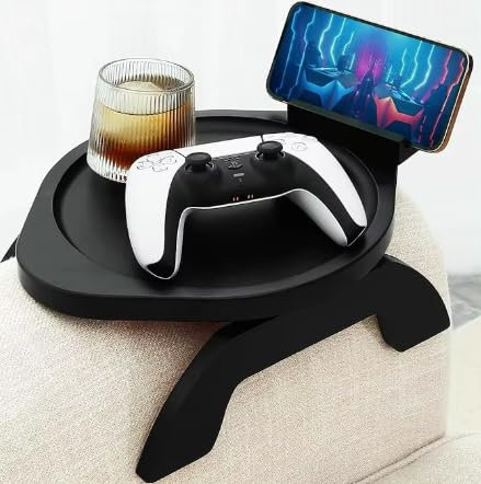 Kotona UK Bamboo Rotating Sofa Tray Table – Non-Slip Foldable Armrest Tray for Couches, Sofas & Chairs – Strong Grip | Drinks, Snacks & Remotes | Black Wood, No Assembly, for Home & Office