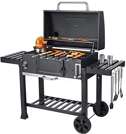 Barbacoa XXL Ahumador Barbacoa Carbón Portátil Barbacoa Jardín con Ruedas y Estantes de Almacenamiento, Parrilla de Barbacoa con Tapa de Termómetro, Cajón Elevable Cuenca de Carbón, Patio Fiesta en el
