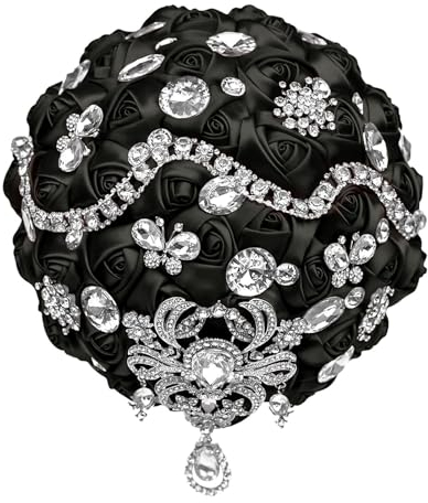 Fasksh Glitzernder Kristall, roter Hochzeitsstrauß, künstliche Satin-Rosen, Luxus-Brautsträuße, Hochzeitsblumen-Zubehör (Farbe: Schwarz, 21 cm)