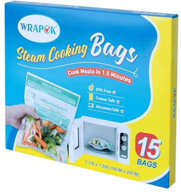 WRAPOK Microwave Steamer Bags 15 Pack Zip Steam Vegetable Cooking Bag for Potatoes Meat, 7.1 X 7.9 Inches